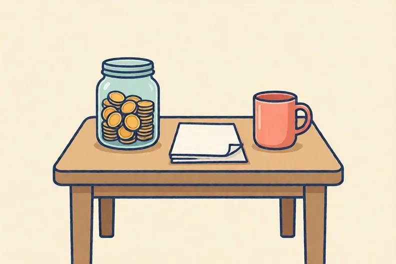 A kitchen table with a jar of coins and a folded piece of paper