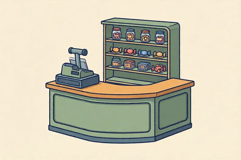 A corner shop counter with sweets on shelves behind it, seen from the customer side