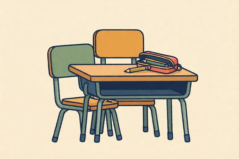 A classroom with chairs pushed back and a pencil case spilled on a desk