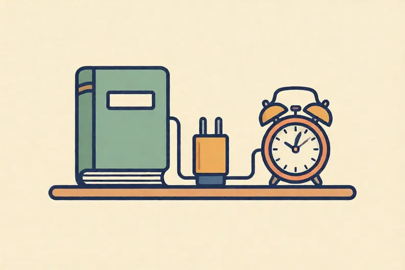 A shelf with one closed book, a phone charger and a small alarm clock.