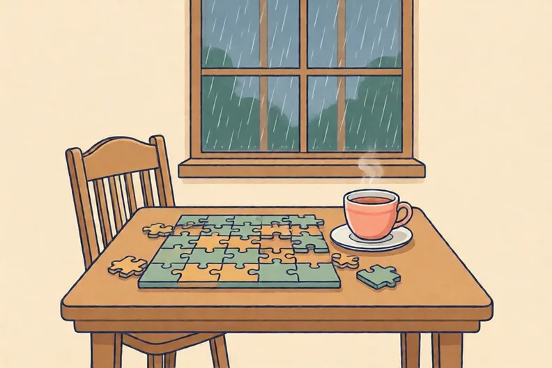 A kitchen table with a jigsaw, a cup of tea and rain on the window