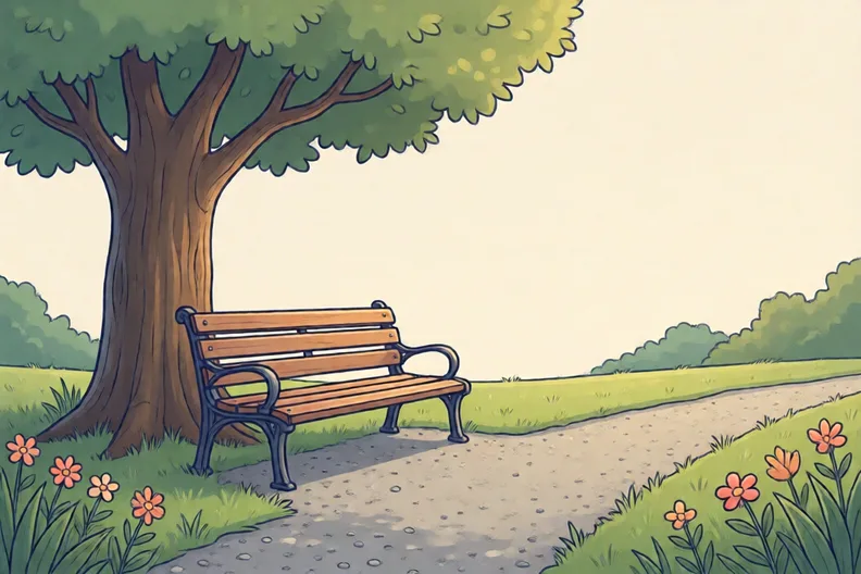 A quiet park bench under a tree beside a gravel path