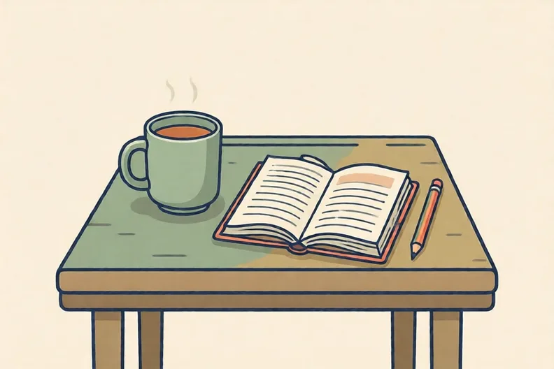 A kitchen table with a mug and an open notebook, with no one sitting at it