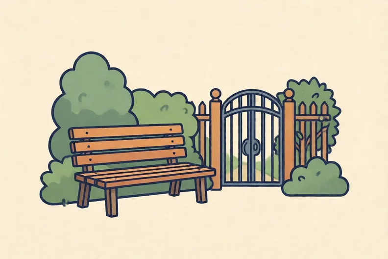 A quiet wooden bench by a garden gate, no people