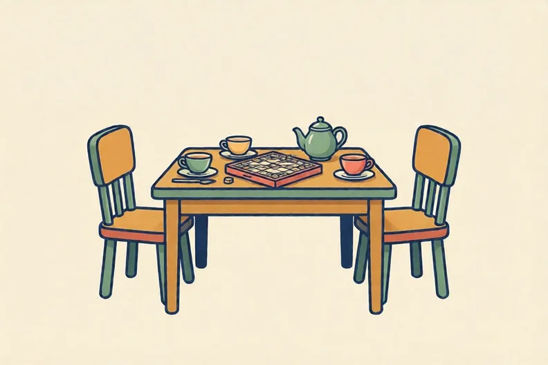 A kitchen table set for tea with two chairs pulled out, no people