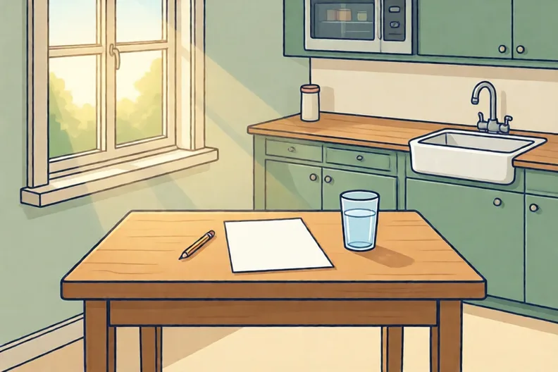 A kitchen table with a blank sheet of paper, a pencil and a glass of water