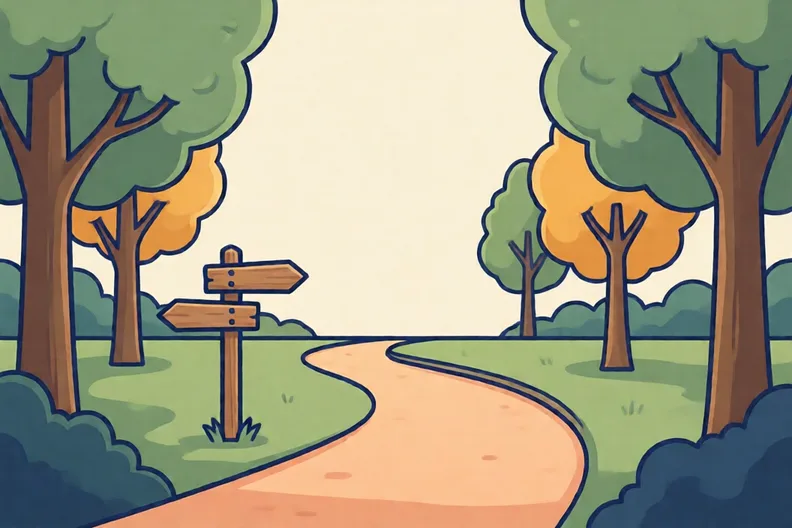 A park path with a signpost pointing two ways