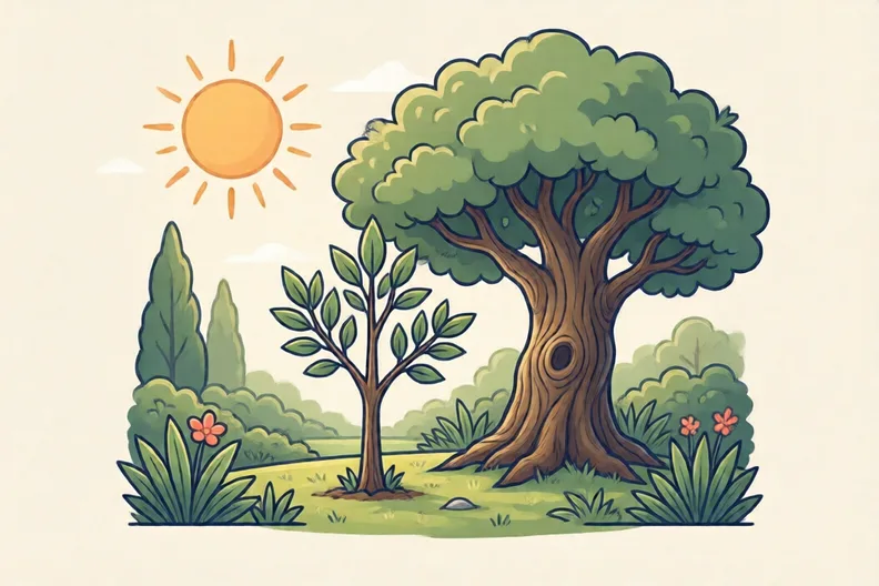 A small young tree growing beside an old tree in a garden