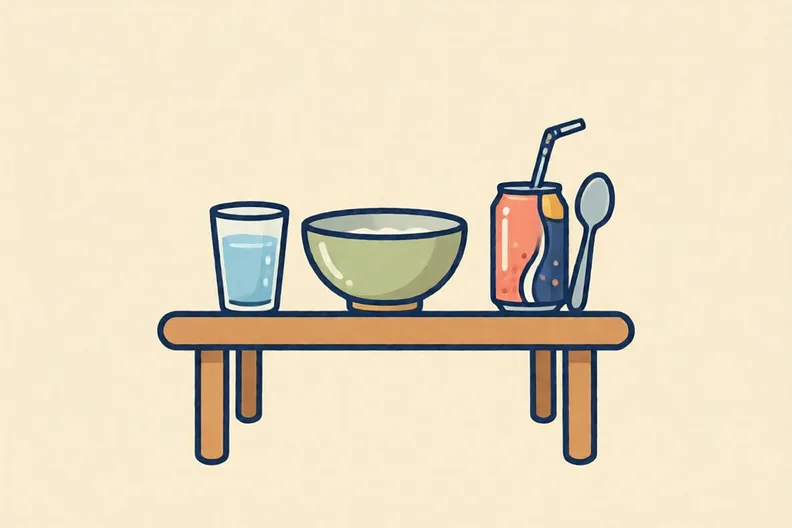 A kitchen table set for breakfast with a bowl, a glass of water and a fizzy drink can