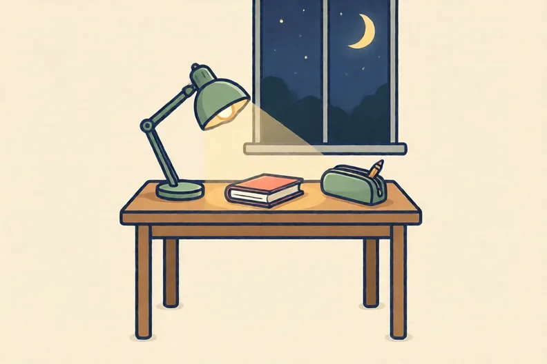 A school desk under a lamp at night, with a closed book and a pencil case, empty room