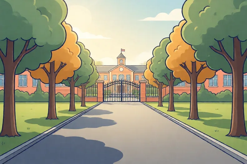 A quiet tree-lined pavement on a sunny morning, with an empty school gate in the distance