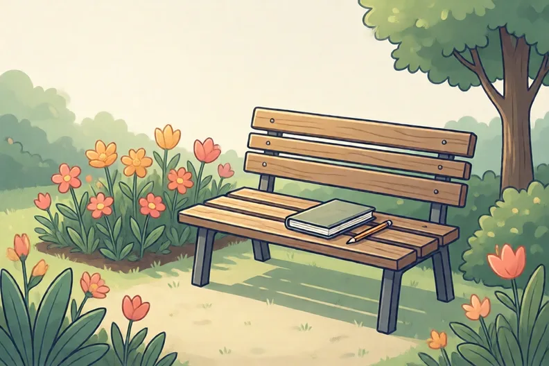 A quiet garden bench with a notebook and a pencil