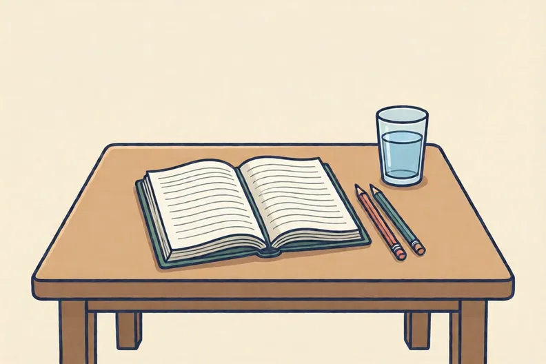 A kitchen table with a blank planner, two pencils and a glass of water