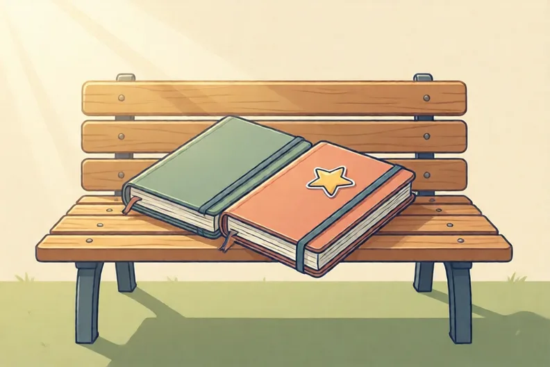 Two closed notebooks side by side on a park bench