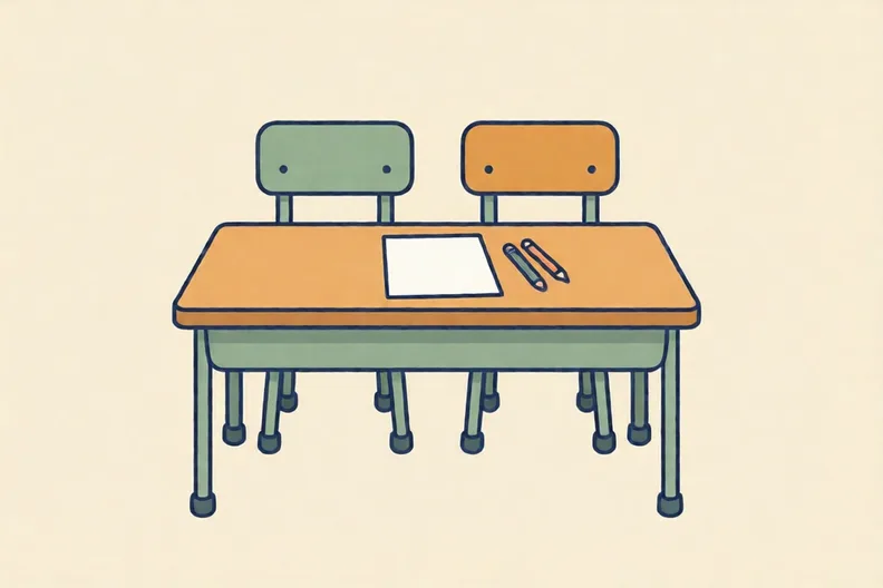 Two empty chairs side by side at a classroom table with one blank sheet of paper