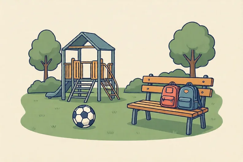 A school playground at lunchtime with a football and bags on a bench, no people