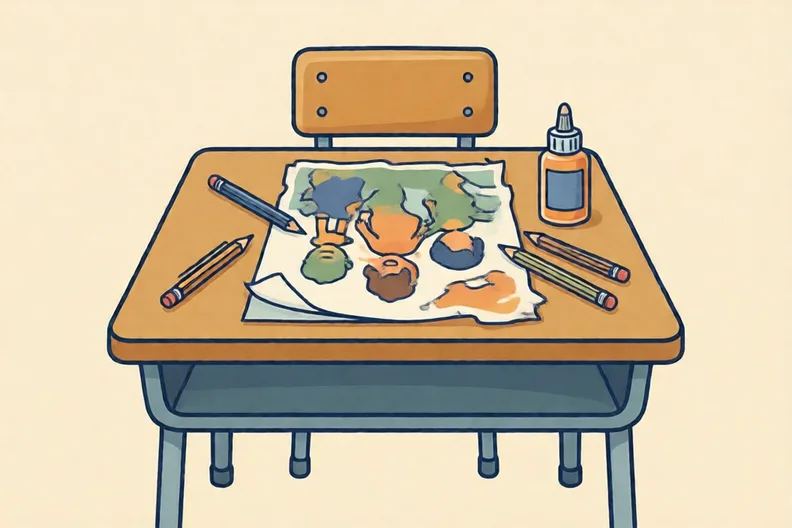 A classroom table with a half-finished group poster and pencils, no people