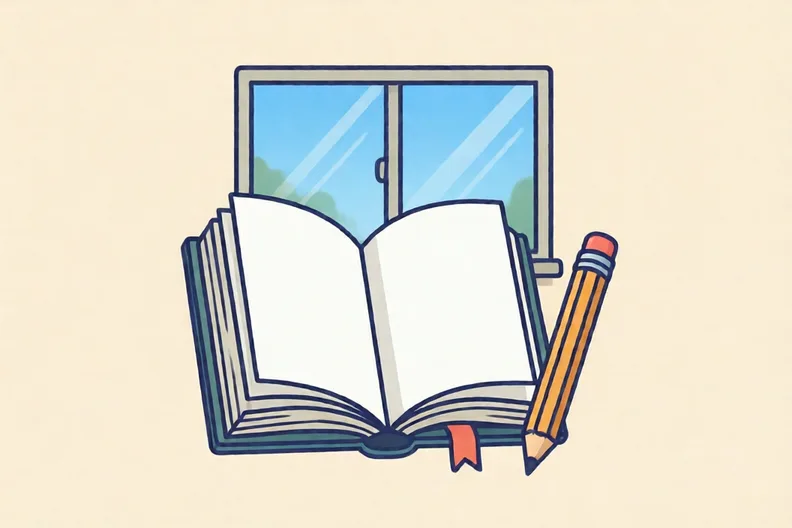 An open blank book and pencil in front of a window showing a blue sky, no people.