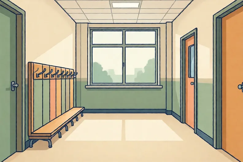 An empty school corridor with coat pegs and a bright window