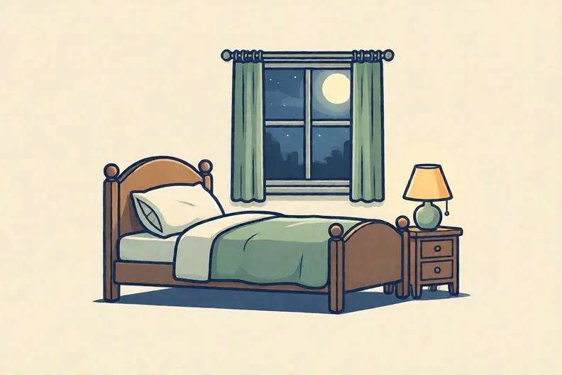 A quiet bedroom at night with a made bed and moonlight through a window