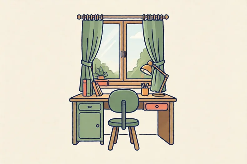 A tidy bedroom desk with a folded paper plan pinned to a corkboard