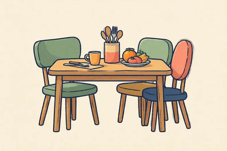 A kitchen table with a blank notepad, a pencil and a glass of water, no people