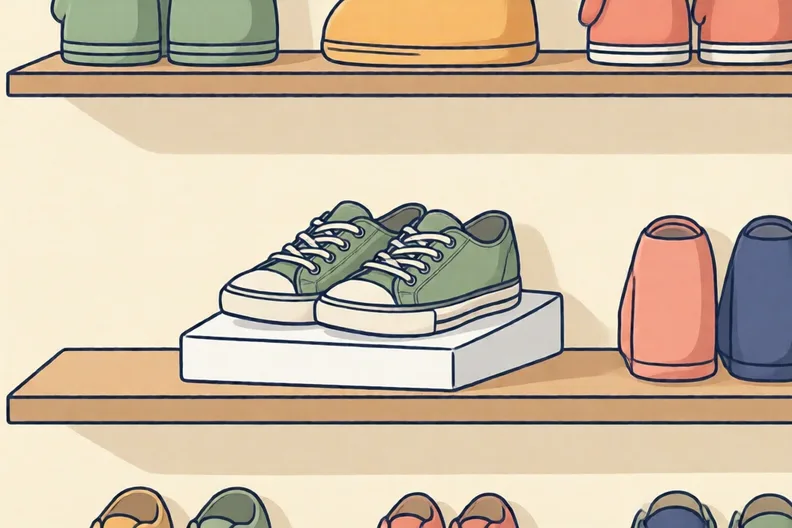 A shop shelf with a pair of plain trainers on a display stand