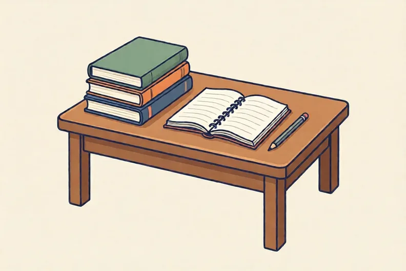 A library table with a stack of books, an open blank notepad and a pencil.