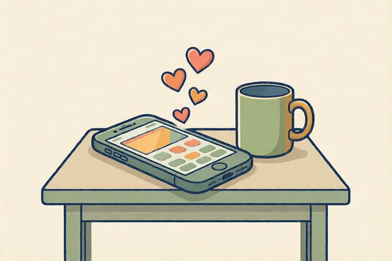 A phone lying face up on a kitchen table beside a cup of tea