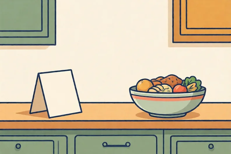A folded card and a bowl of food on a kitchen counter