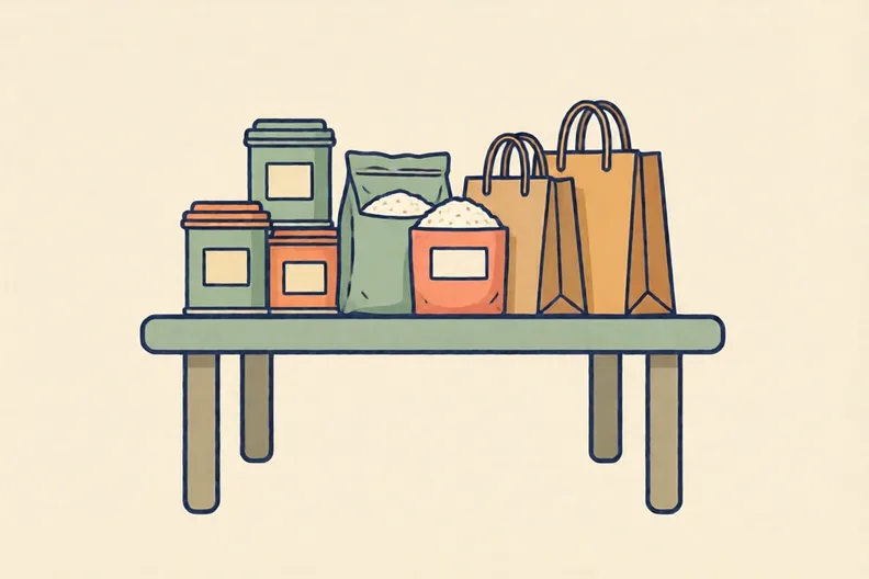 Tins and paper bags on a plain wooden table at a food bank