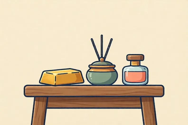 Three small gifts on a wooden table