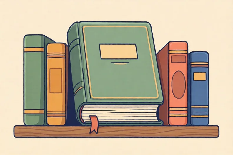 A Bible standing on a shelf beside several other thick books