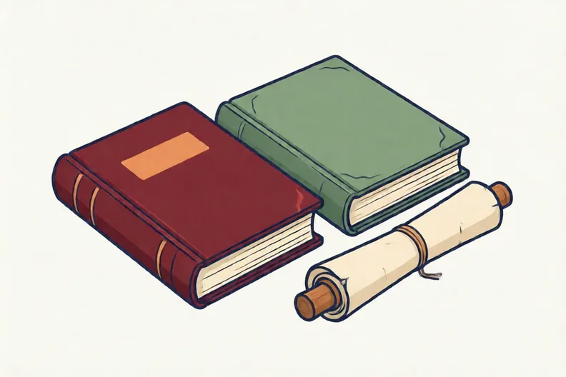 A red book, a green book and a wooden-rollered scroll on a white background.