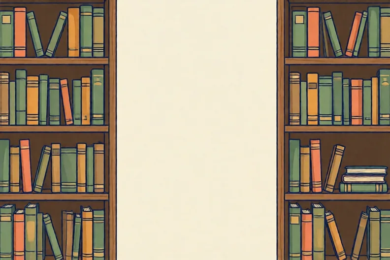 Shelves of old, thick books in a quiet library room