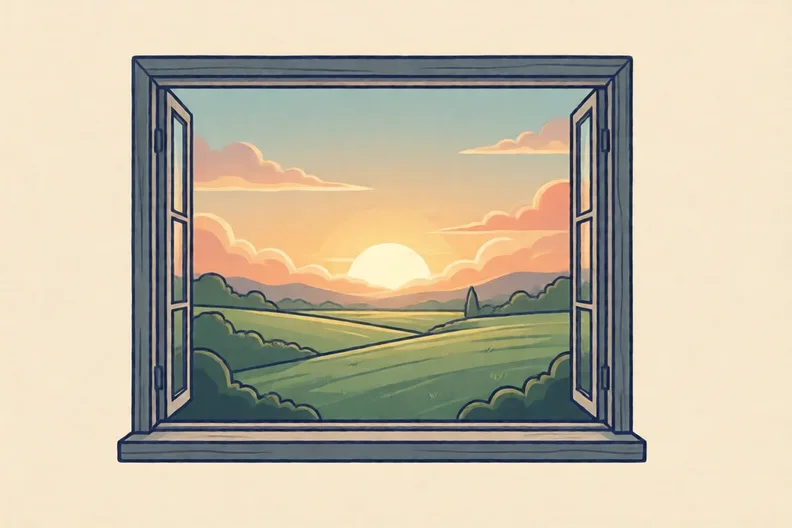 Dawn light over dark fields, seen through a window frame