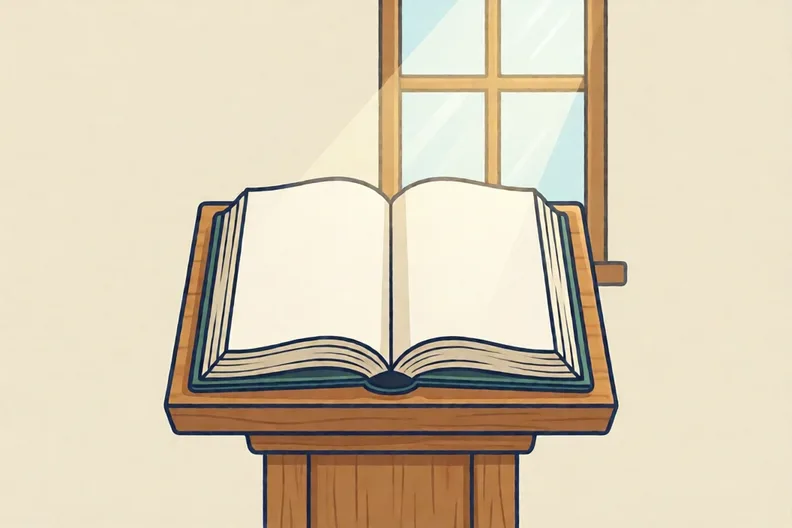 An open Bible with blank pages on a wooden lectern, with sunlight from a window.