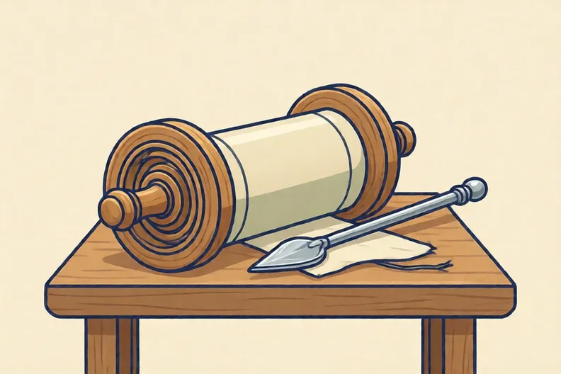 A Torah scroll rolled on wooden rollers beside a silver pointer
