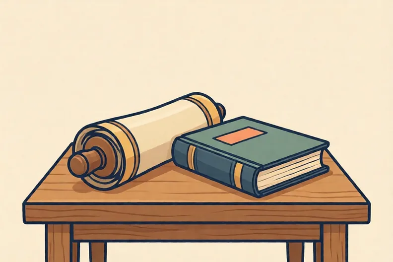 A Torah scroll and a closed Bible side by side on a wooden table