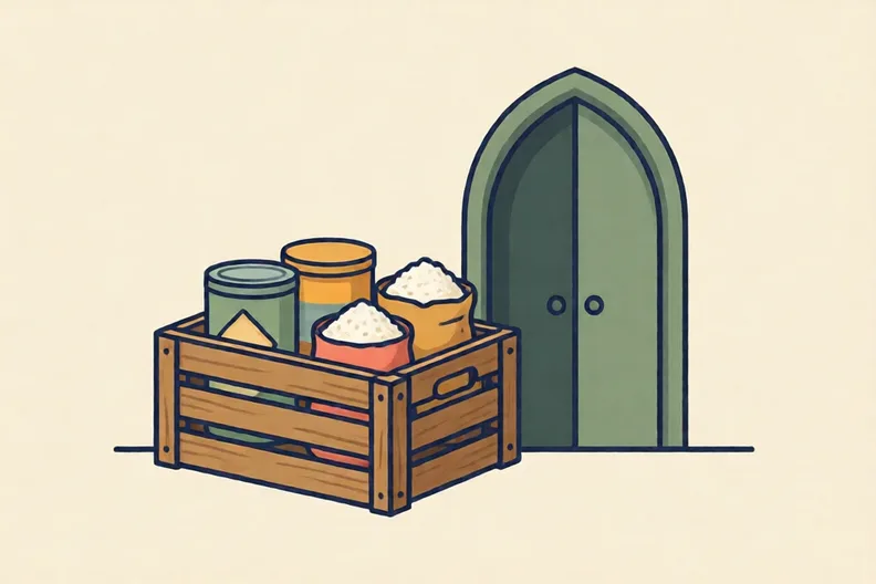 A wooden crate of tins and bags of rice beside a plain doorway