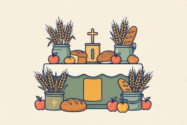 A church altar with a harvest display of tins, loaves, apples and wheat