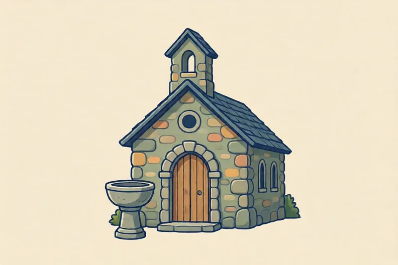 A small stone church with a wooden door and a stone bowl near the entrance