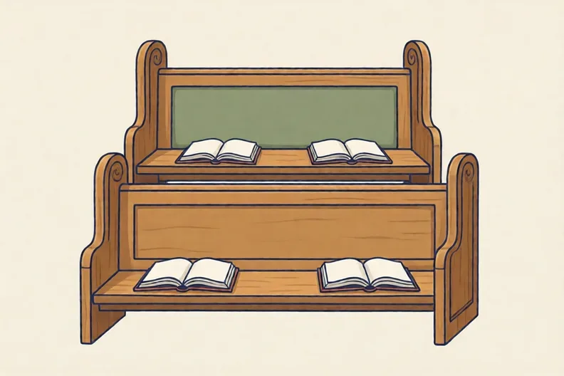 Wooden choir stalls with tall carved backs and open books on their ledges.