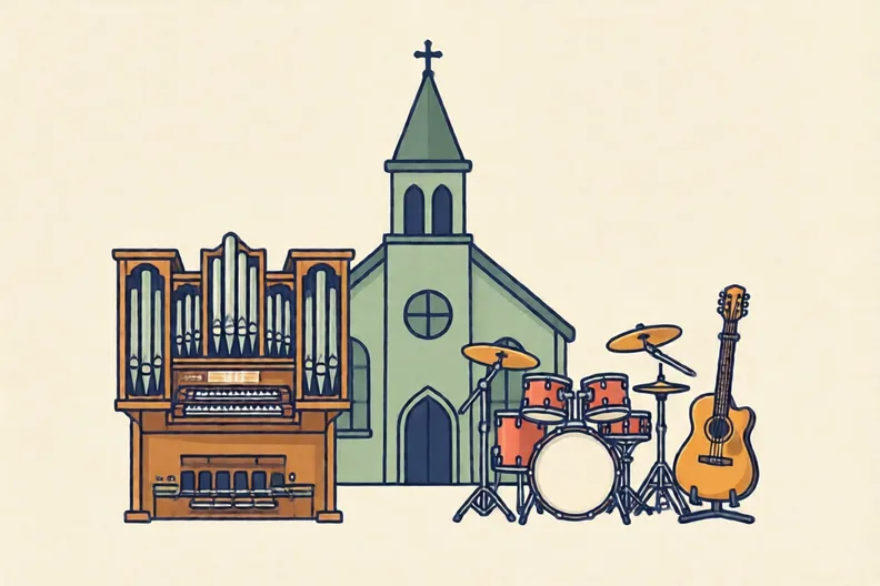A pipe organ and a drum kit side by side in a church