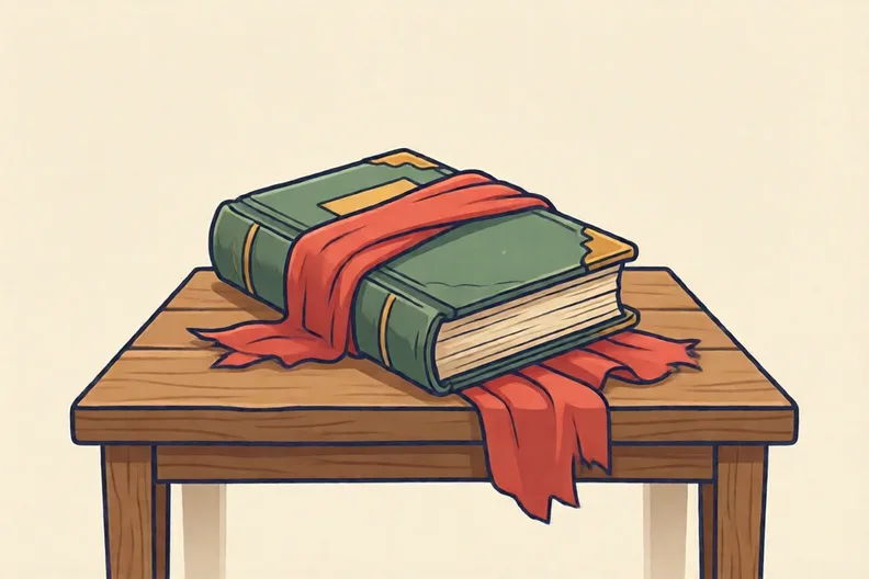 A closed old book wrapped in a red cloth on a wooden table