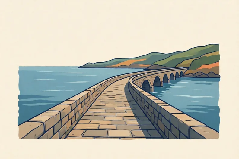 A long stone bridge stretching across a calm blue sea