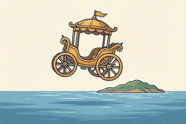 An empty golden chariot flying over a calm blue sea