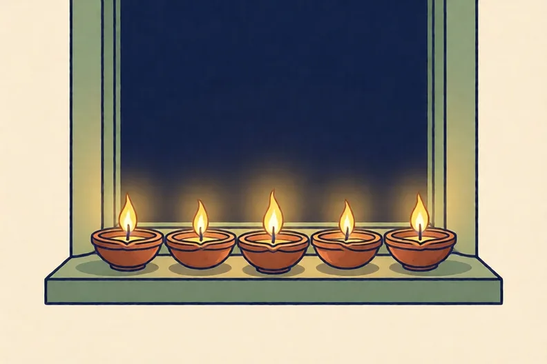 A row of small clay lamps glowing on a windowsill at night