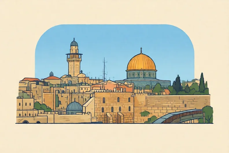 An old city skyline with domes, towers and stone walls under a blue sky, no people