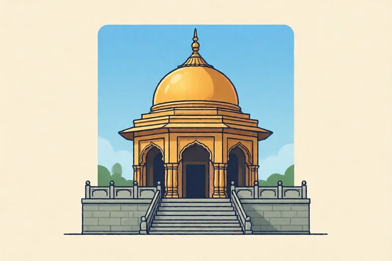 A golden-domed shrine on a stone platform under a clear blue sky, no people